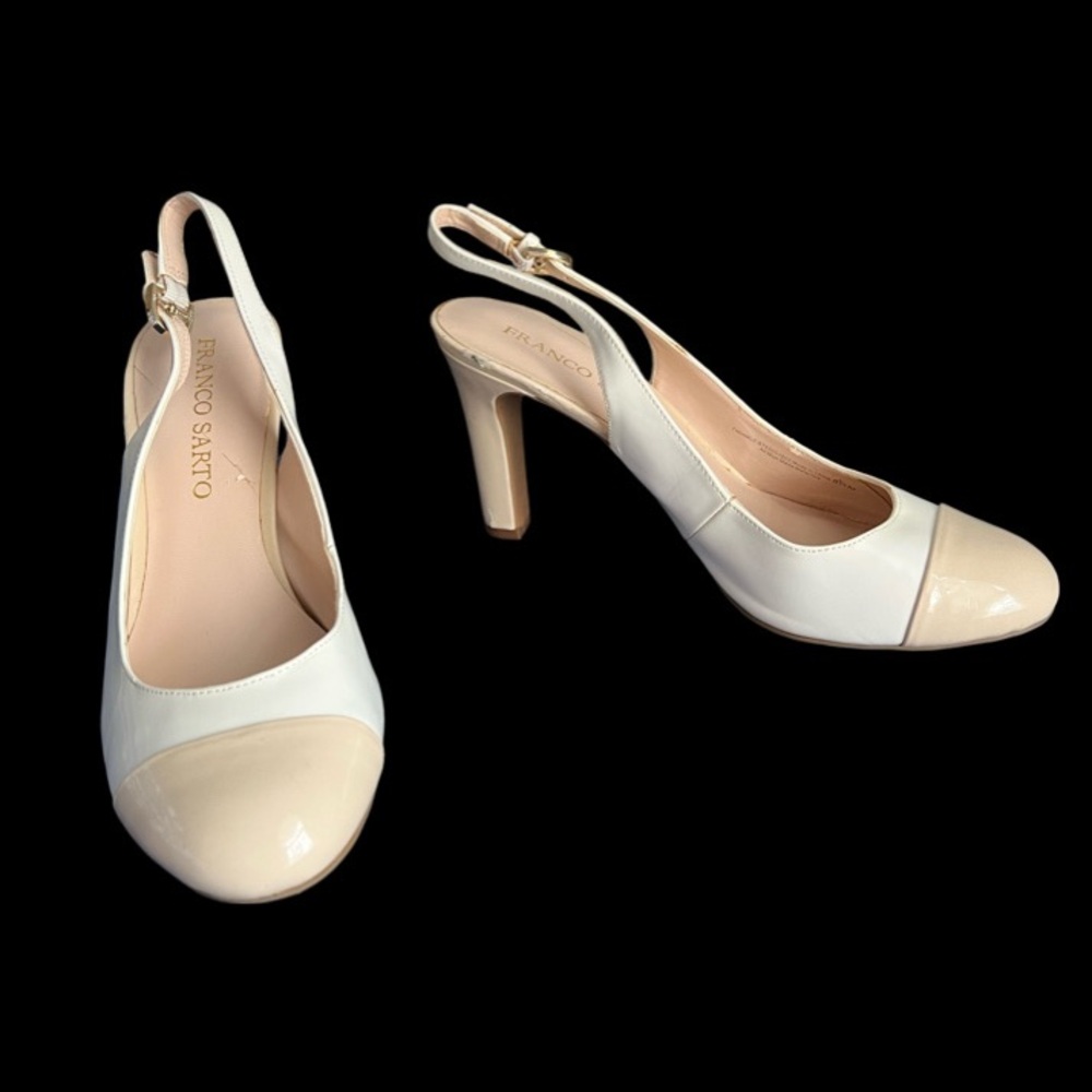 Franco Sarto Cream Tan Patent Slingback Heels Pumps Size 8.5